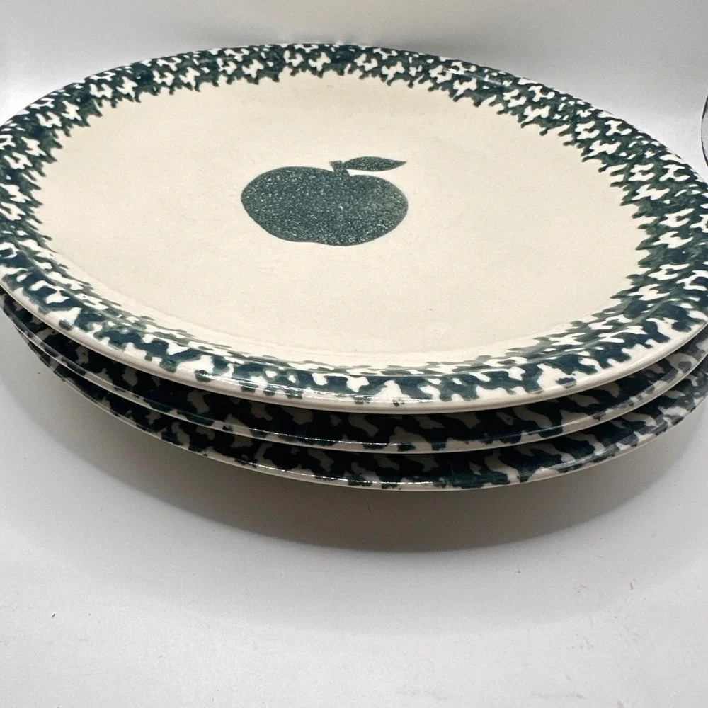 Tienshan Folk Craft Sponge Apple Dinner Plates Set of 3 Stoneware Green Cream